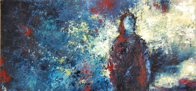 peinture huile au couteau, tableau silhouette, bleu de prusse Silence, 
Oil on card stock, 20 x 42