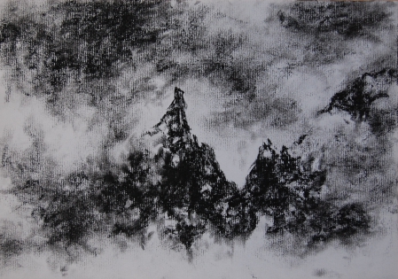 dessin montagne, fusain Charcoal and black stone