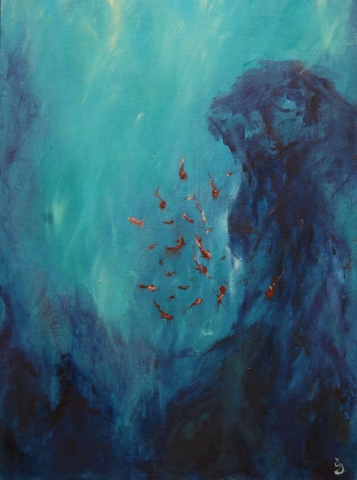peinture ocean, tableau poissons rouges et rochers bleu de prusse 