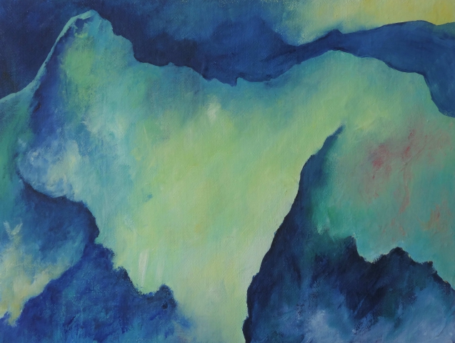 peinture paysage de montagnes et brume, bleu et vert, abstrait, Estelle Darve 