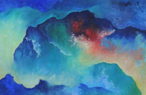 peinture paysage de montagnes et brume, bleu, vert et rouge, Estelle Darve 