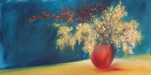 Mimosa, tableau clair obscur Bouquet de mimosa à la fougère
Huile sur toile encollée sur du médium, 40 x 80
220€