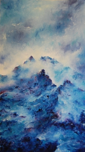 Peinture paysage montagne dans la brume, tableau bleu de prusse Mountain,
Oil on card stock, 45.5 x 80