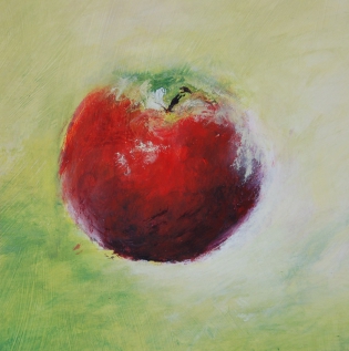 Tableau pomme, peinture acrylique, nature morte verte et rouge Little apple,
Acrylic on paper, 15 x 15