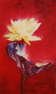 Lotus, peinture rouge et jaune Danseuse de lumière,
Peinture à l'huile sur papier cartonné encadrée, 39 x 65
Vendue