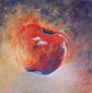 Peinture pomme, tableau rouge orange et bleu, nature morte Fire apple,
Acrylic on paper, 22 x 22