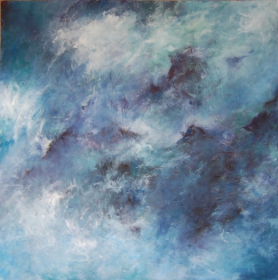 Tableau montagne et brume, peinture camailleu de bleu When the mystery unfolds,
Acrylic on paper, 62 x 62