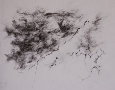 dessin montagne, brume Charcoal and black stone