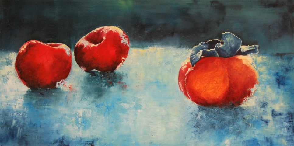 Nature morte d'Estelle Darve,  peinture à l'huile figurative pomme et kaki "Apples and persimmons"
Oil on canvas, 40 x 80