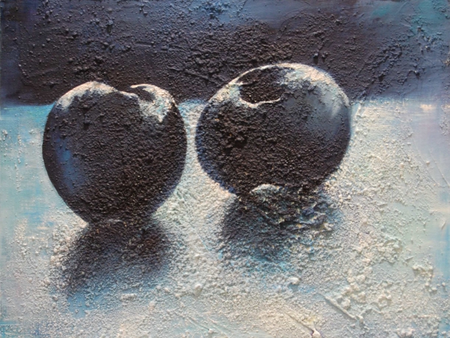 nature morte en clair-obscur "deux pommes"
Huile sur toile encollée sur du médium, 30 x 40
130€