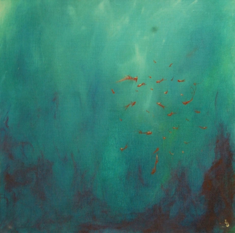 peinture ocean, tableau mer, poissons rouges 
