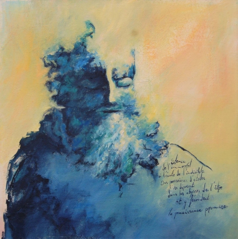 peinture en clair-obscur,portrait homme "Silence of the immortal
listening to the unspeakable.
Stardust
are deposited in the abyss of being
and bring about the promised rebirth."

Oil on canvas 40 x 40