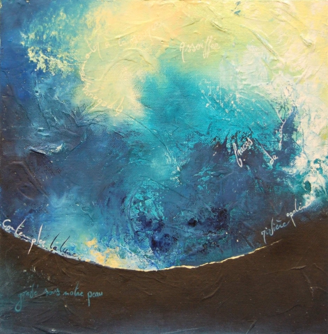 tableau poesie d'Estelle Darve,peinture lune abstraite "Contemplating the moon engraved under our skin. 
Opaline river. 
Clash of nothingness. 
Going backwards to the source. 
Thirsty"

Oil on canvas 40 x 40