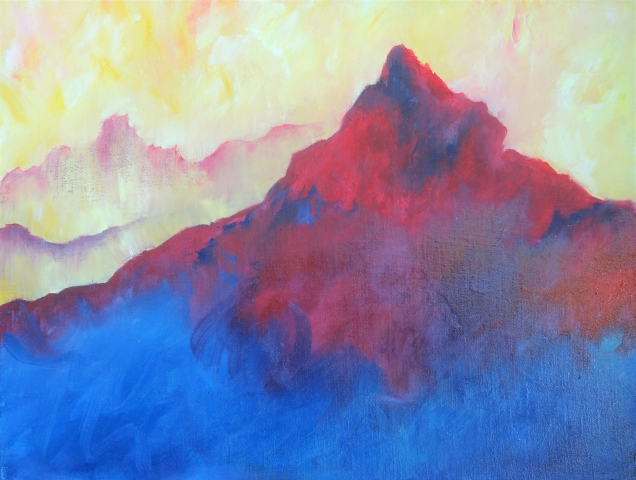 peinture paysage de montagne rouge, de brume bleu et d'un ciel de lumière, Estelle Darve 