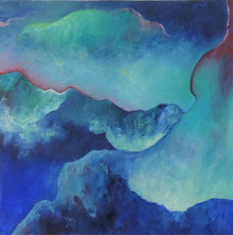 peinture paysage de montagnes et brume, bleu, vert et rouge, abstrait, Estelle Darve "Danse montagne et brume 6"
Huile sur toile encollée sur du médium, 40 x 40
140€