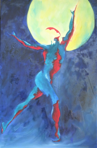 peinture danseur et lune, tableau d'Estelle Darve,  peinture à l'huile figurative "Éclat de lune"
huile sur toile encollée sur du médium, 40 x 60
180€