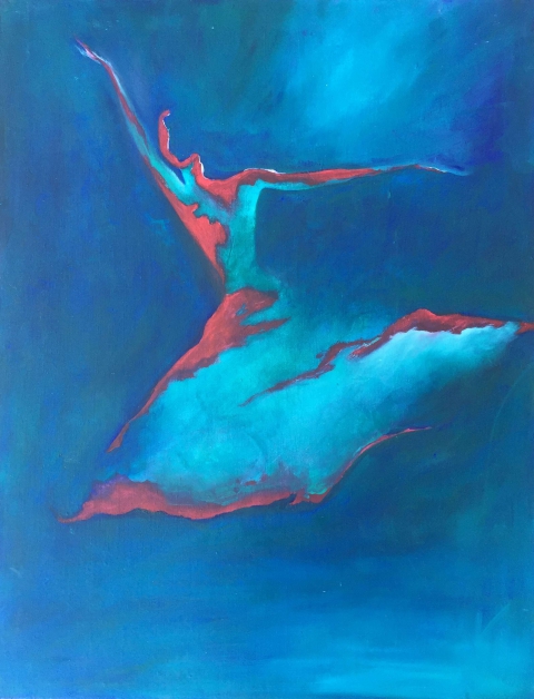 peinture danseuse dans la nuit, éclat de lune, bleu nuit vert et rouge "Éclat de nuit"
huile sur toile encollée sur du médium, 47 x 62
180€