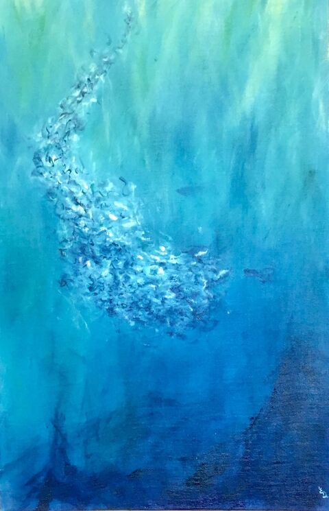 Tableau banc de poissons dans l'océan, peinture mer verte, peinture d'Estelle Darve "Univers aquatique 4"
Huile sur toile encollée sur du médium, 40 x 60
180€