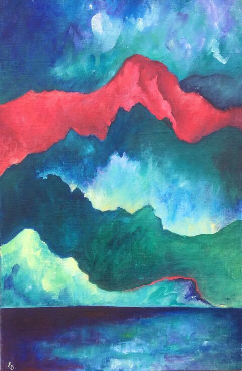 peinture paysage de montagnes, avec lac, brume et lune, couleurs chatoyantes, Estelle Darve 