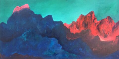 peinture paysage de montagnes au coucher du soleil, toile d' Estelle Darve 
