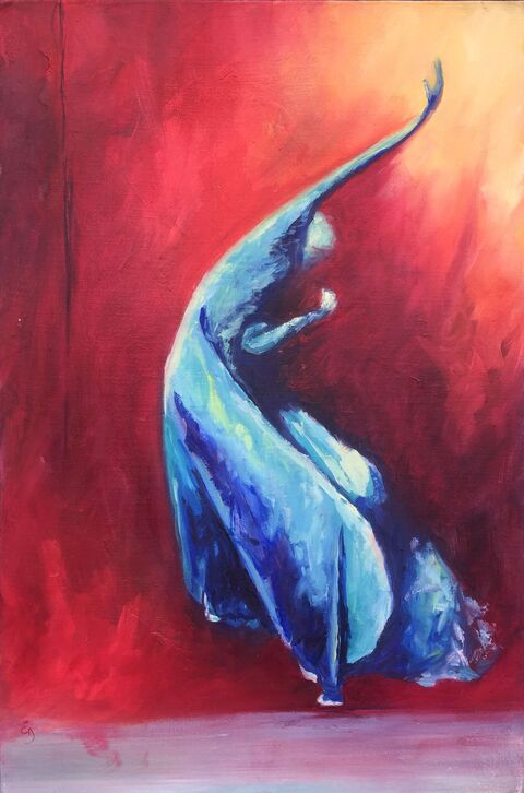 peinture danseuse, Pina Bausch, couleurs de feu et de bleu, toile d'Estelle Darve 